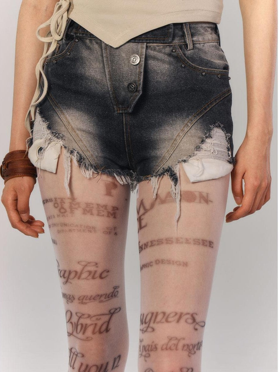 YUKAHOUSE Black Retro Distressed Frayed Hem High Waist Women's Denim Shorts
