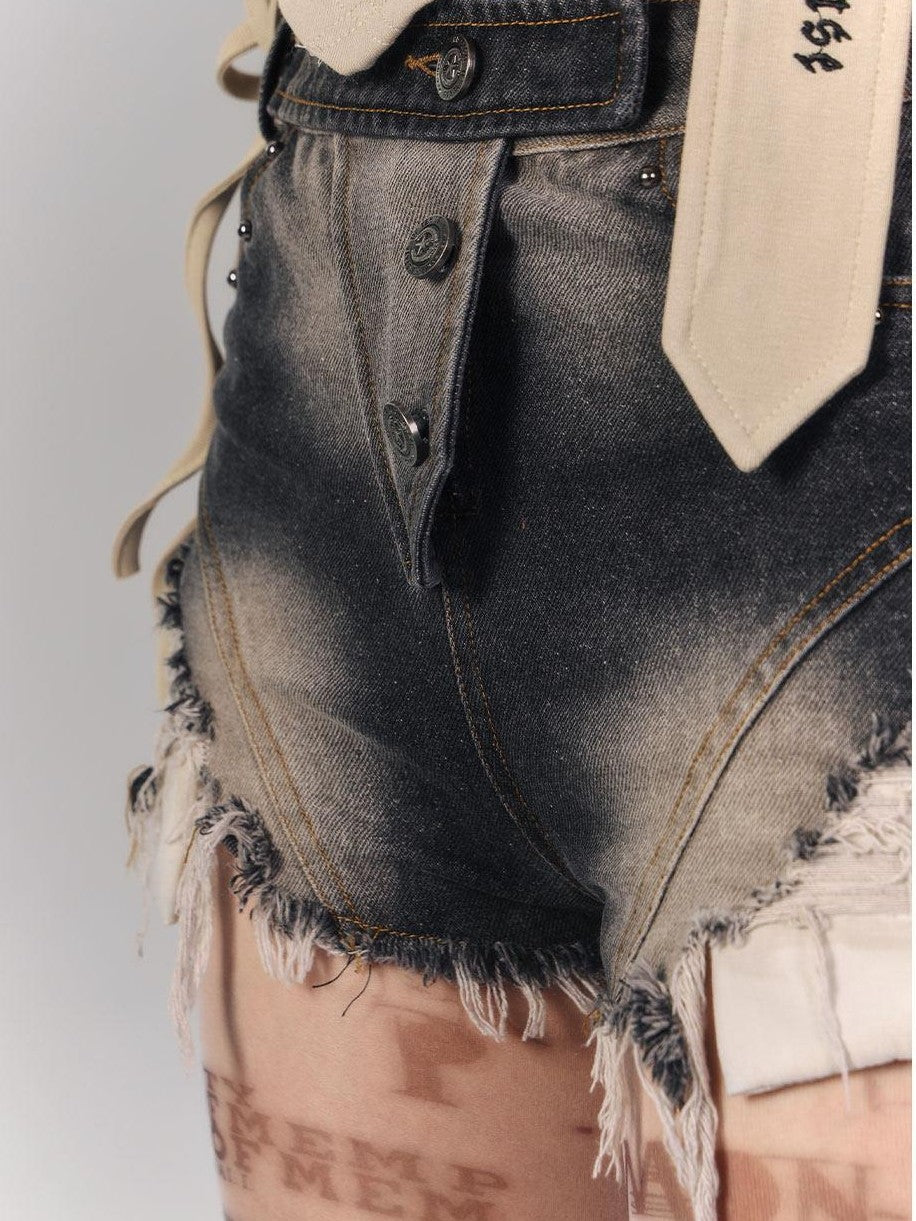 YUKAHOUSE Black Retro Distressed Frayed Hem High Waist Women's Denim Shorts