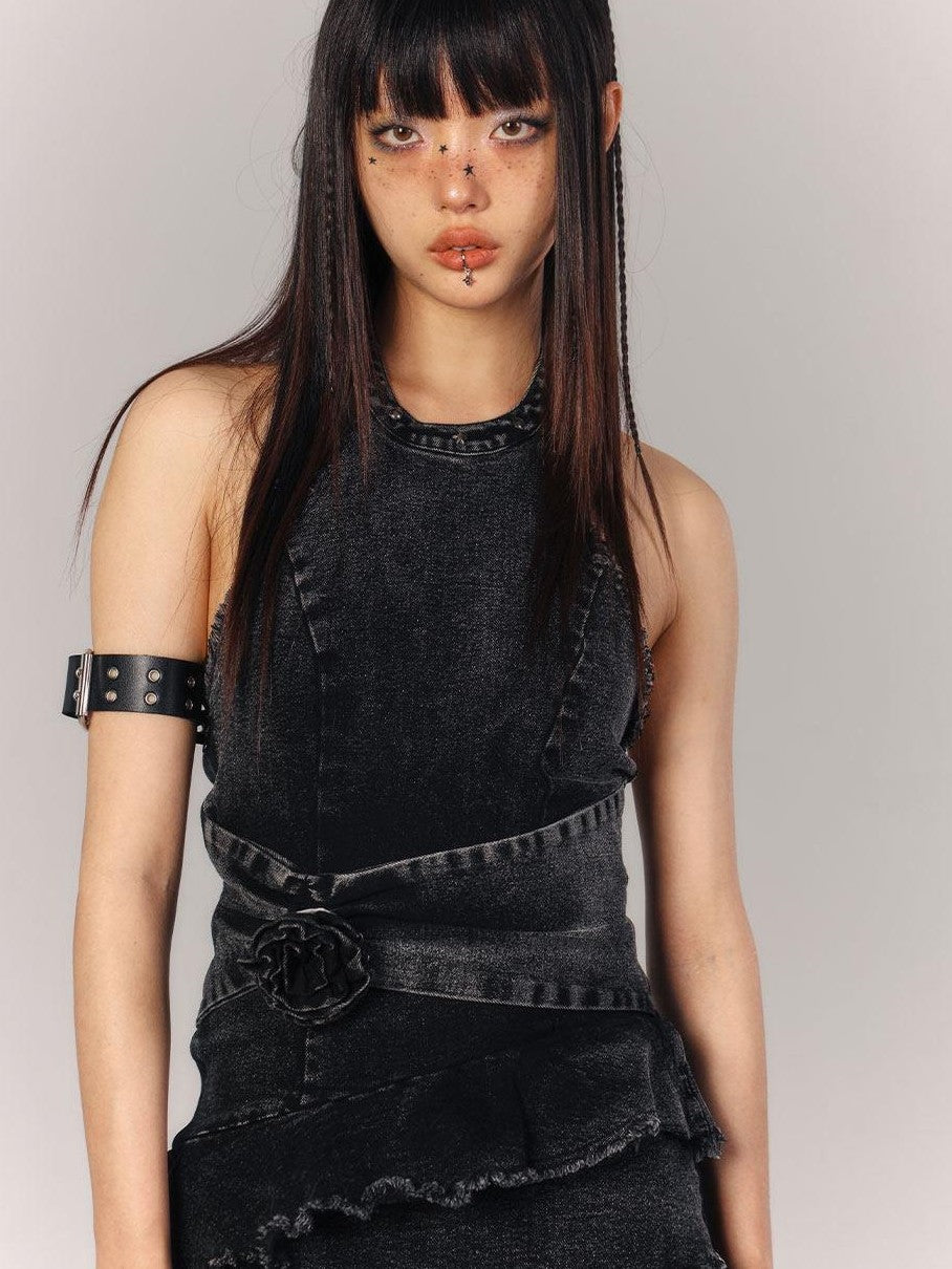 YUKAHOUSE Black Rose Ribbon Sleeveless Vintage Women's Cotton Blend Halter Mini Dresses