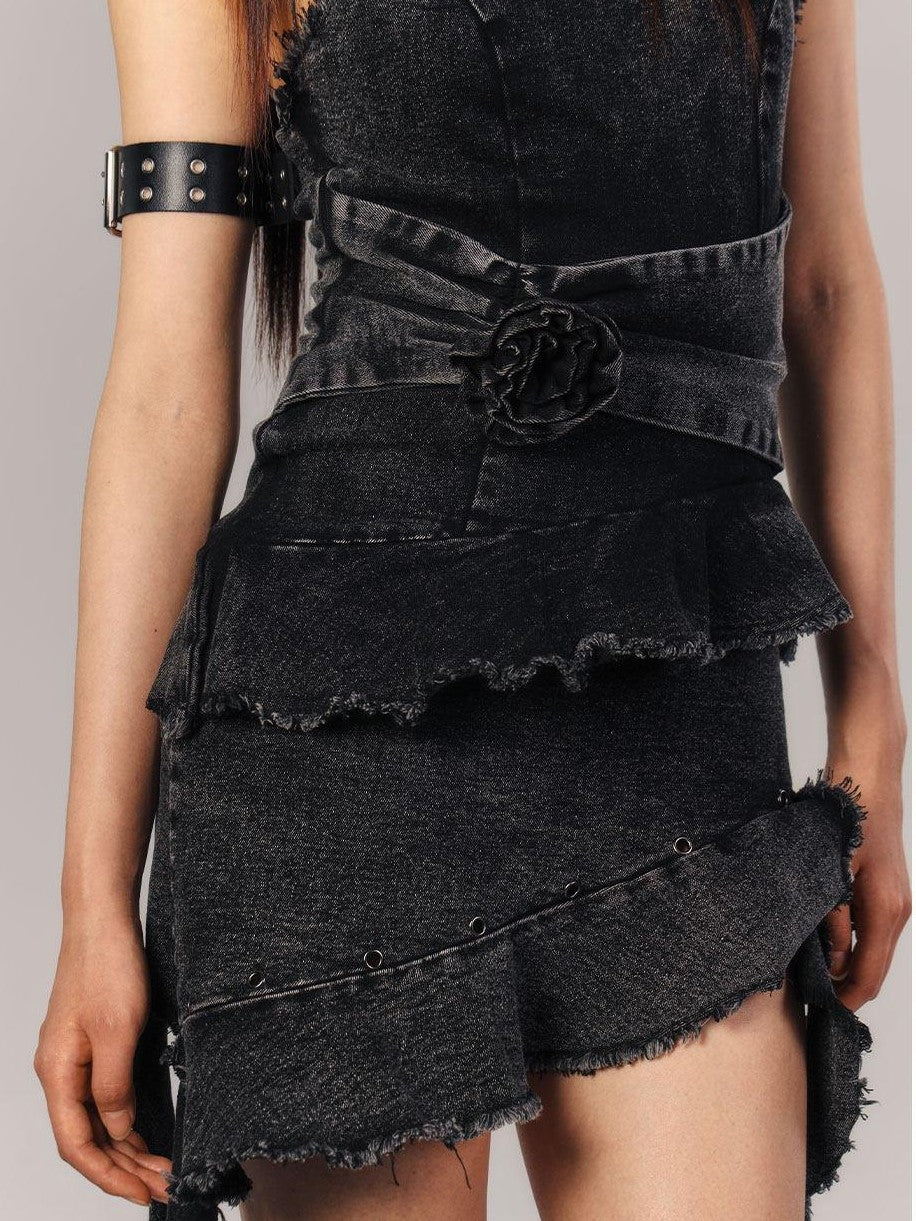 YUKAHOUSE Black Rose Ribbon Sleeveless Vintage Women's Cotton Blend Halter Mini Dresses