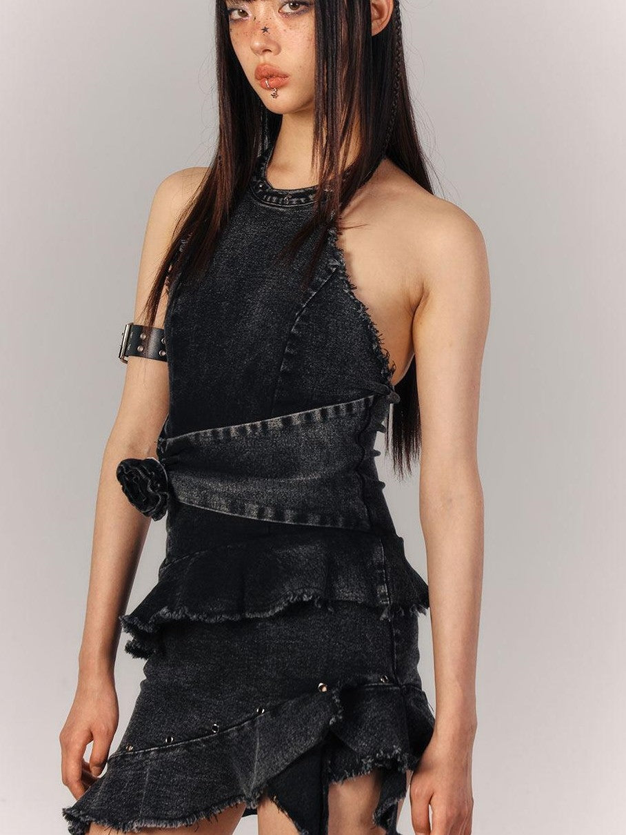 YUKAHOUSE Black Rose Ribbon Sleeveless Vintage Women's Cotton Blend Halter Mini Dresses