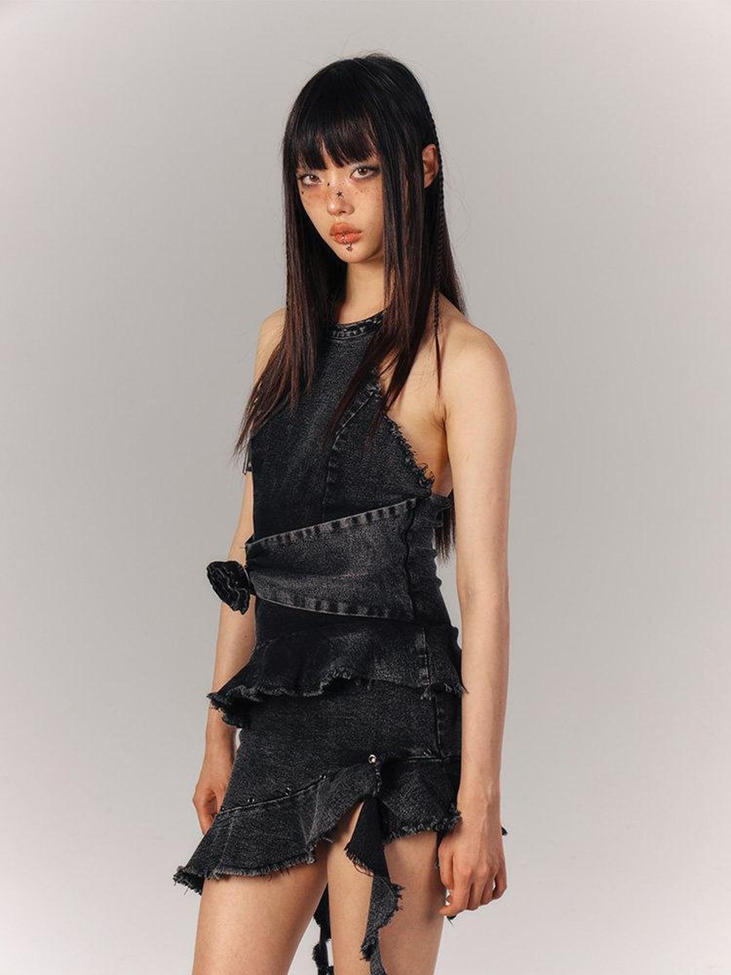 YUKAHOUSE Black Rose Ribbon Sleeveless Vintage Women's Cotton Blend Halter Mini Dresses