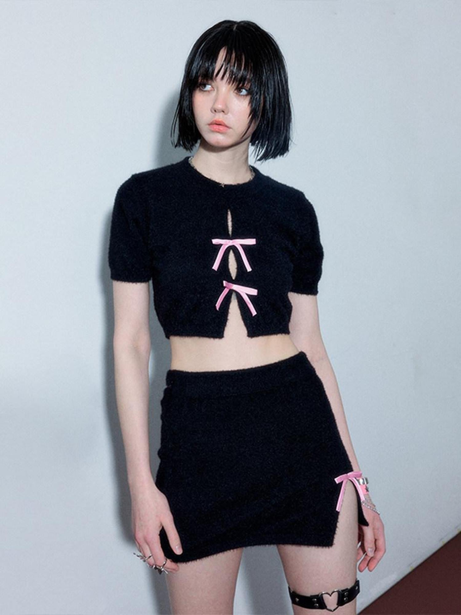 YUKAHOUSE Black Short Sleeve Tee Hip Hugging Pencil Women's Matching Skirt Sets