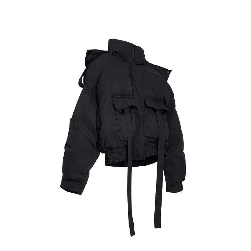 YUKAHOUSE_Black_Stand_Collar_Short_Loose_Tie_Zipper_Women's_Duck_Down_Down_Jackets_687934511423_MISSTT