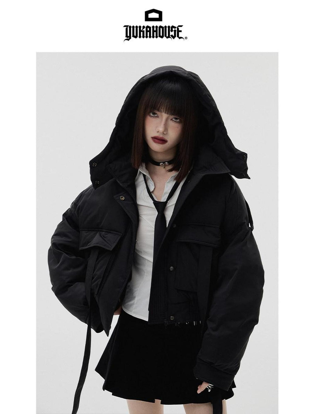 YUKAHOUSE Black Stand Collar Short Loose Tie Zipper Women's Duck Down Down Jackets