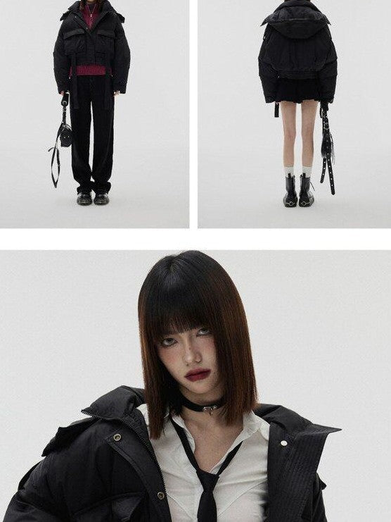 YUKAHOUSE Black Stand Collar Short Loose Tie Zipper Women's Duck Down Down Jackets