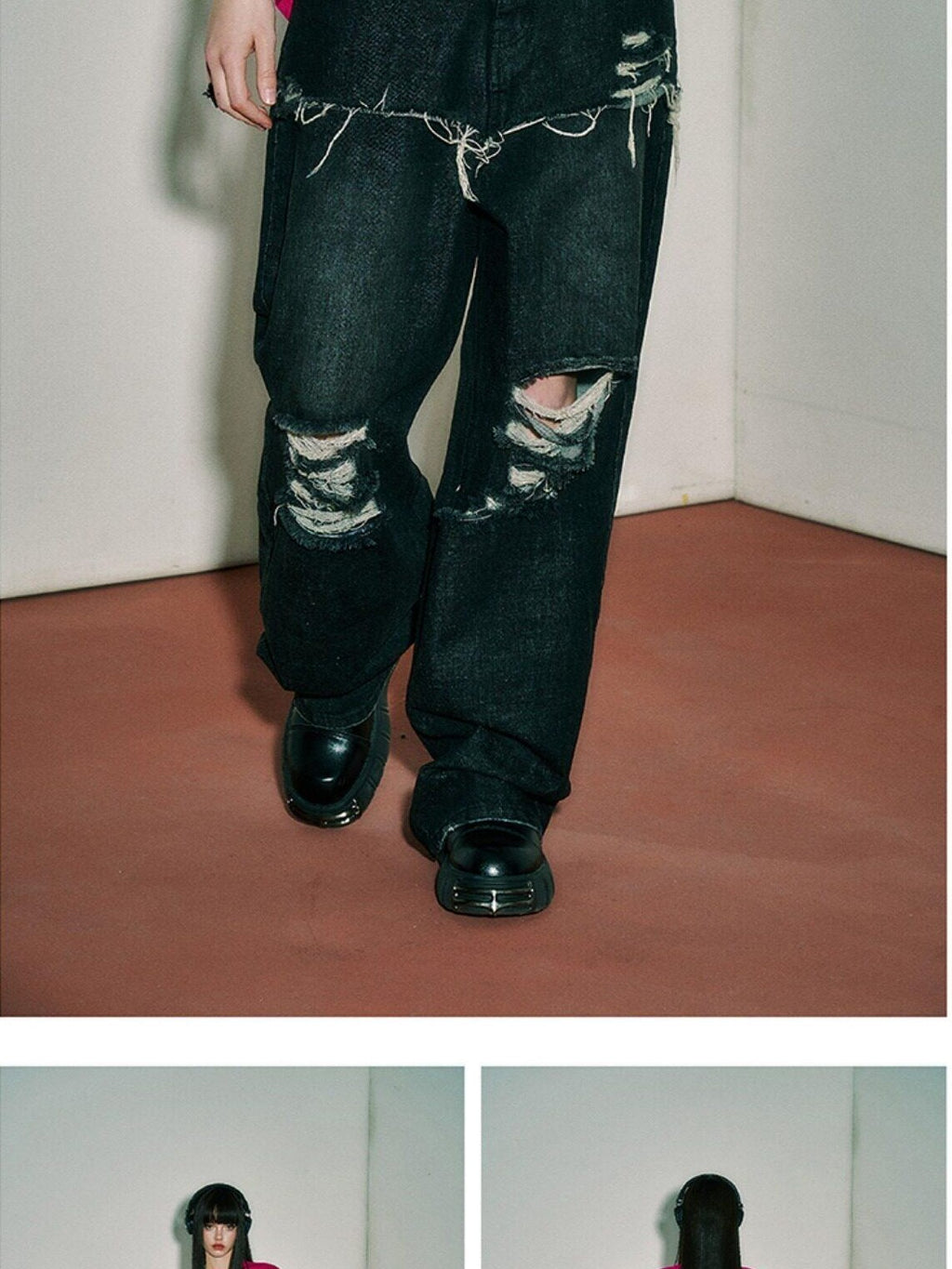 YUKAHOUSE Black Vintage Distressed High Waist Loose Women's Denim Wide-leg Jeans