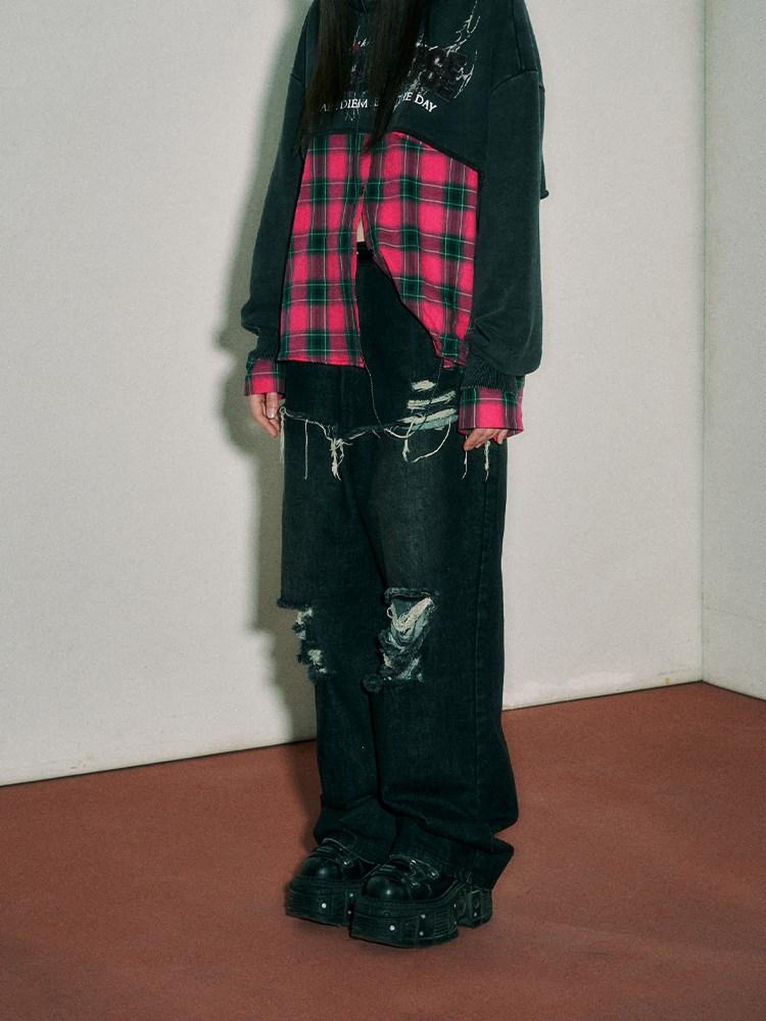 YUKAHOUSE Black Vintage Distressed High Waist Loose Women's Denim Wide-leg Jeans