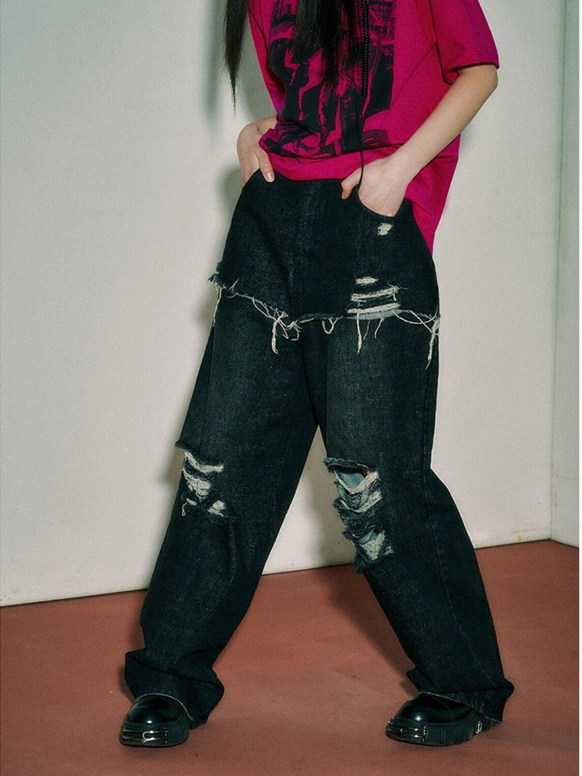 YUKAHOUSE Black Vintage Distressed High Waist Loose Women's Denim Wide-leg Jeans
