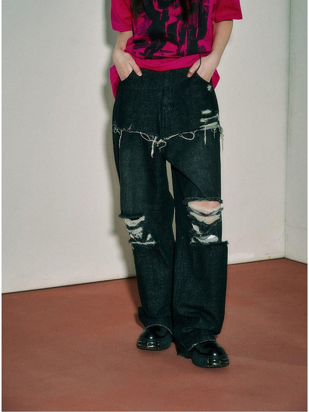 YUKAHOUSE Black Vintage Distressed High Waist Loose Women's Denim Wide-leg Jeans