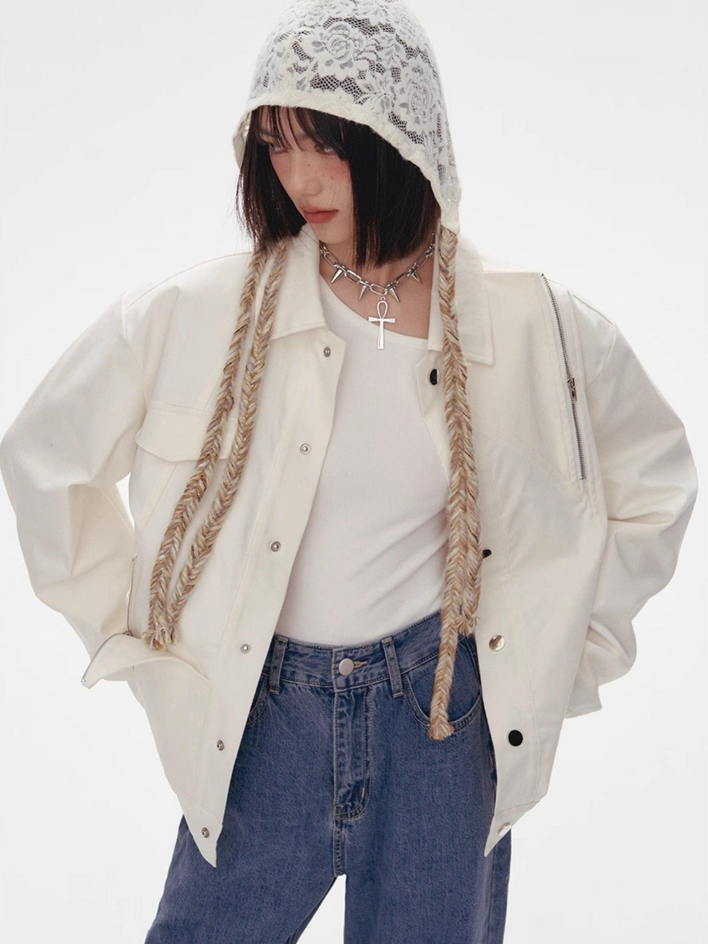 YUKAHOUSE Black White Contrast Embroidered Women's Cotton Stretch Casual Jackets