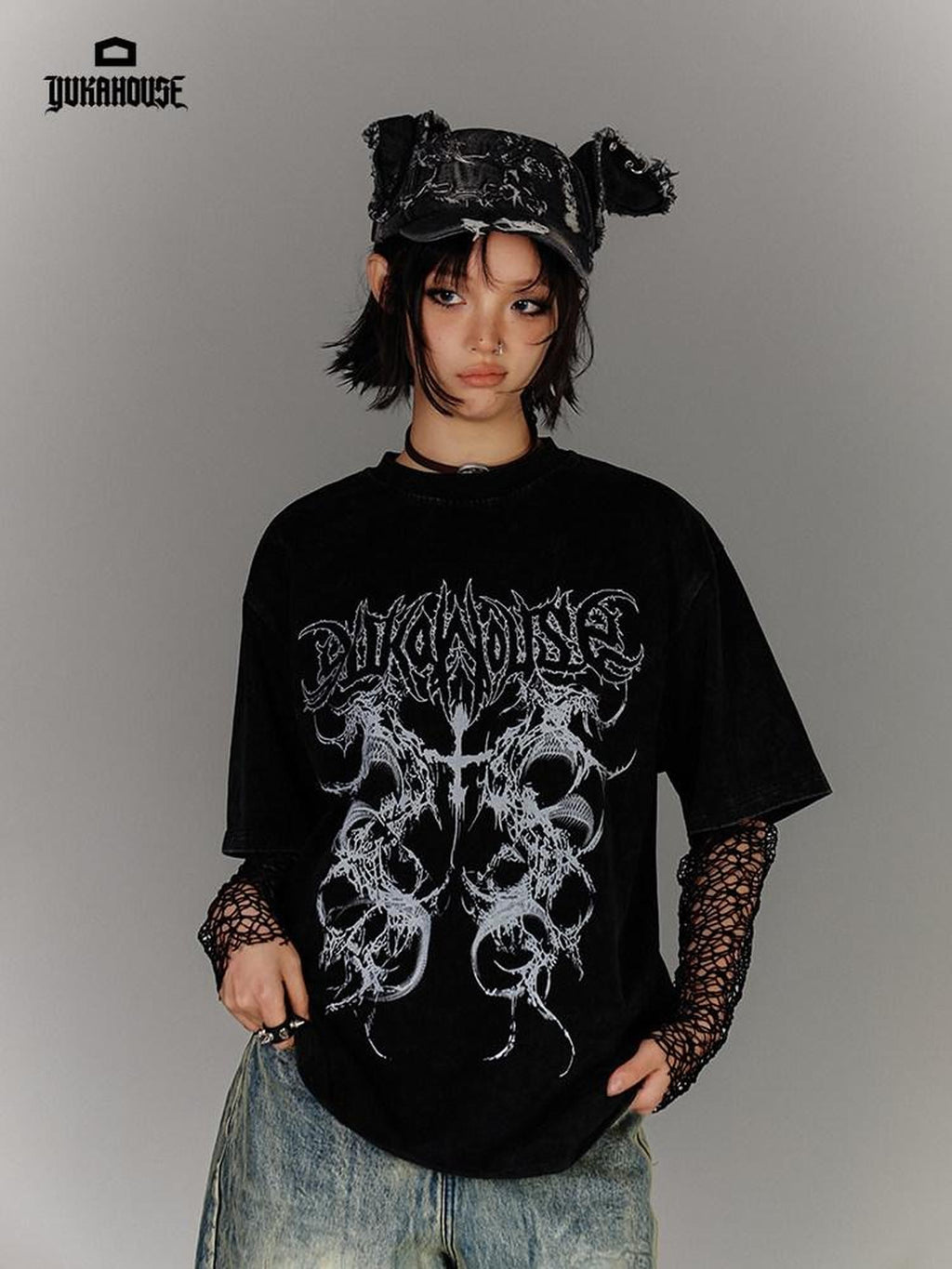 YUKAHOUSE Black White Distressed Oversized Punk Women's Cotton Short Sleeve T-shirts