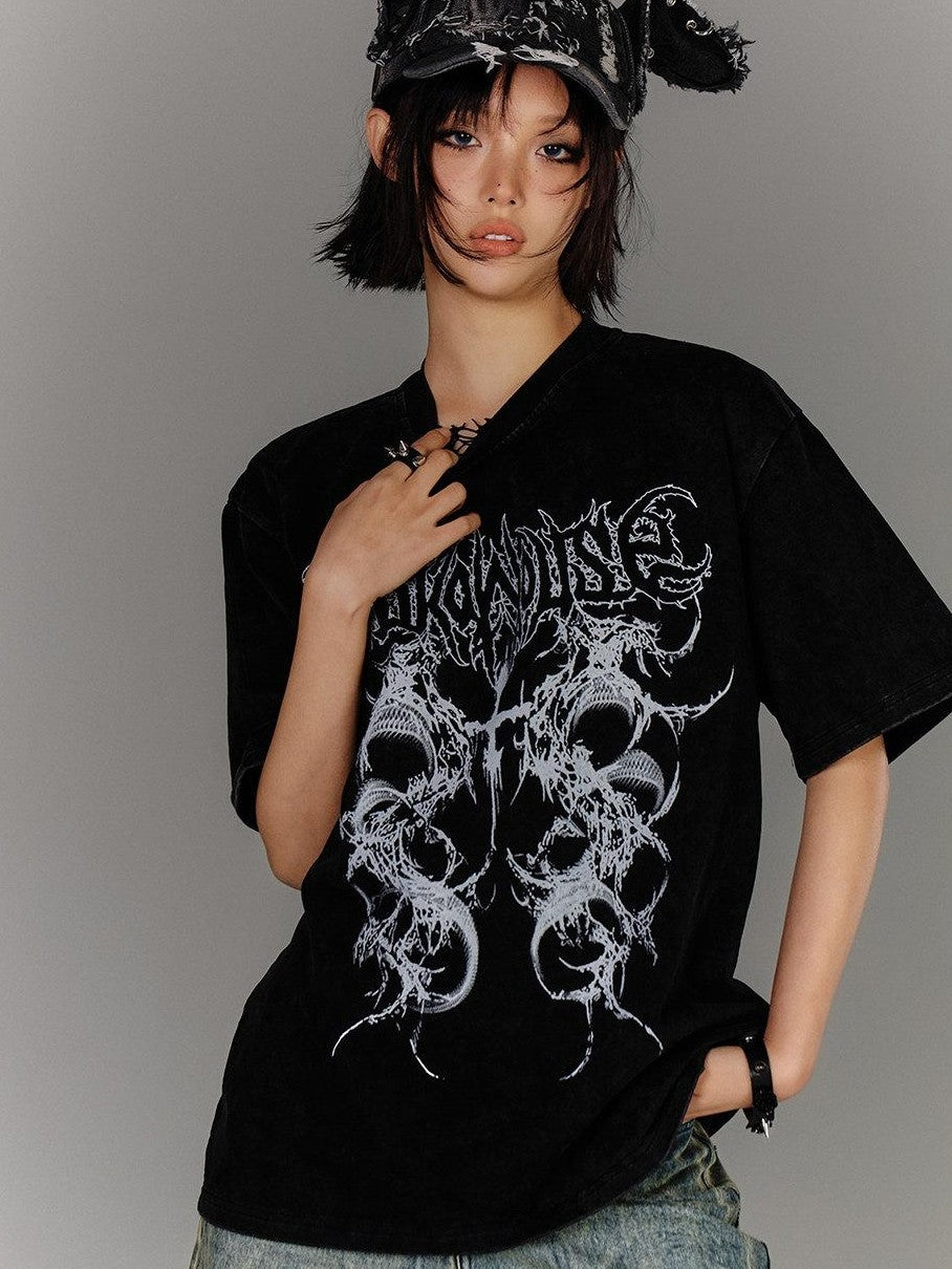 YUKAHOUSE Black White Distressed Oversized Punk Women's Cotton Short Sleeve T-shirts