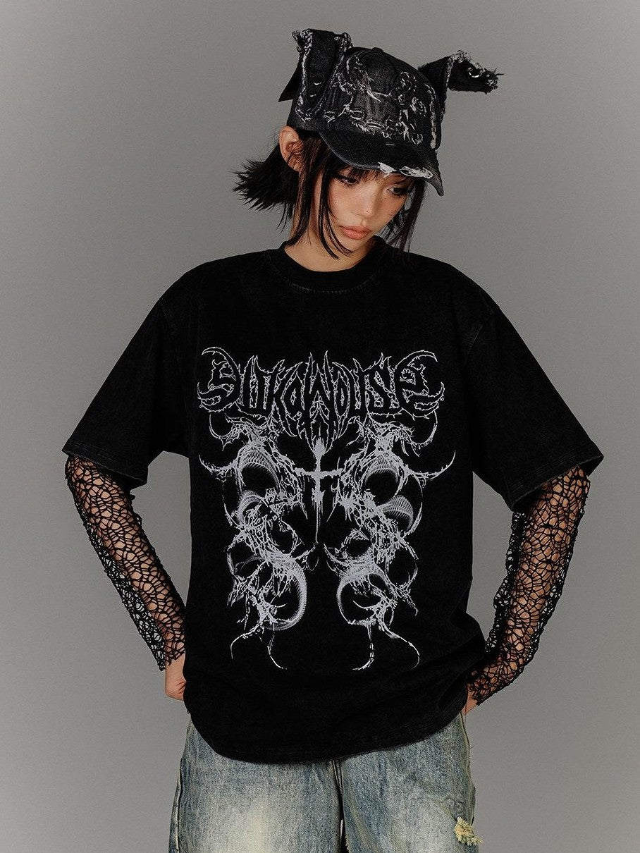 YUKAHOUSE Black White Distressed Oversized Punk Women's Cotton Short Sleeve T-shirts