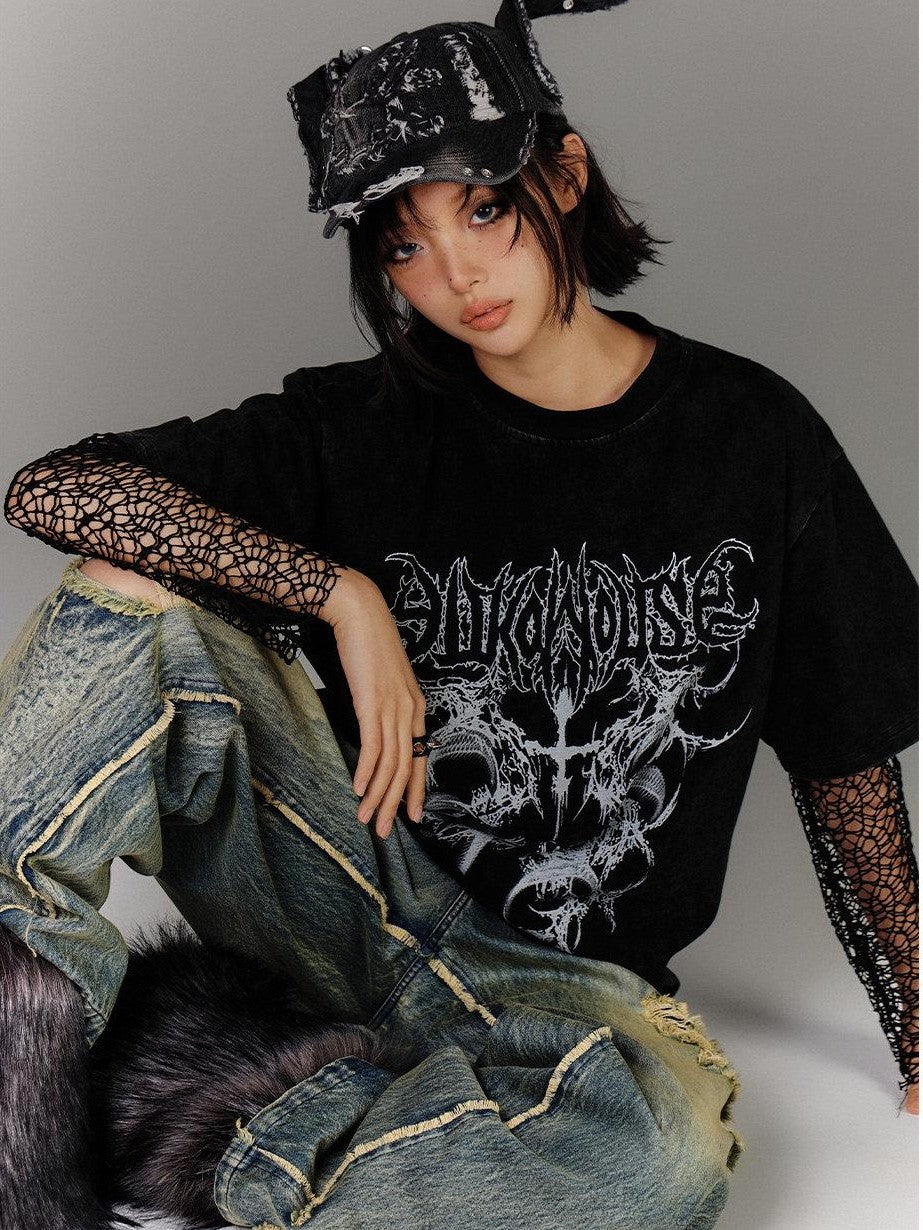 YUKAHOUSE Black White Distressed Oversized Punk Women's Cotton Short Sleeve T-shirts