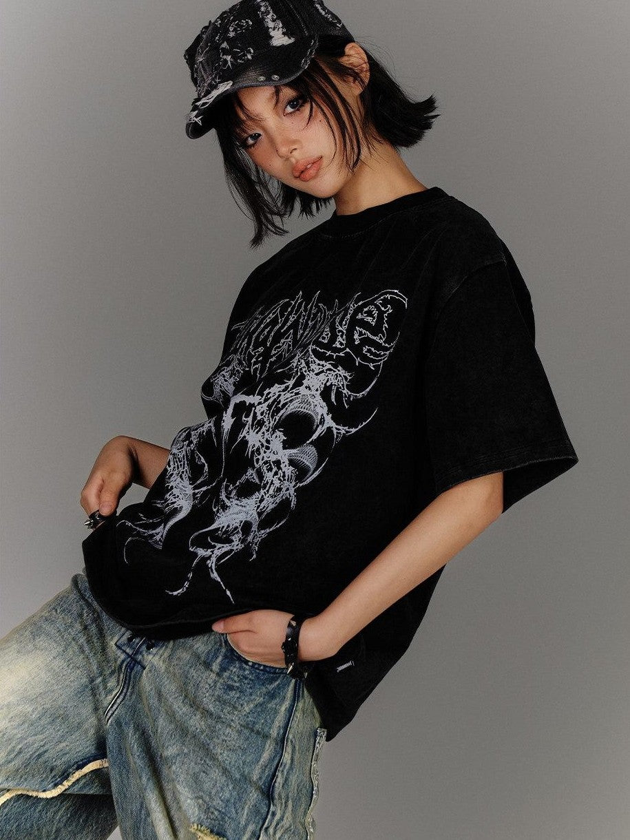 YUKAHOUSE Black White Distressed Oversized Punk Women's Cotton Short Sleeve T-shirts