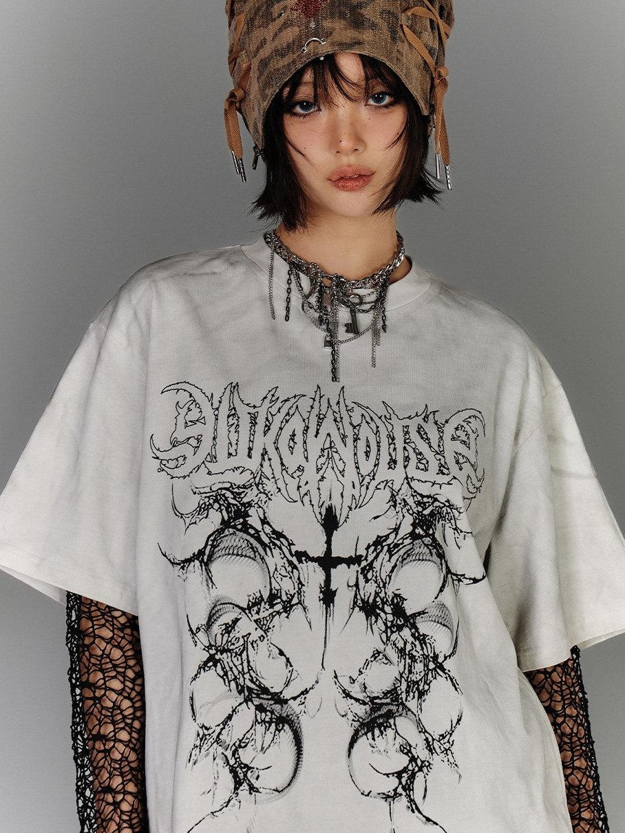 YUKAHOUSE Black White Distressed Oversized Punk Women's Cotton Short Sleeve T-shirts