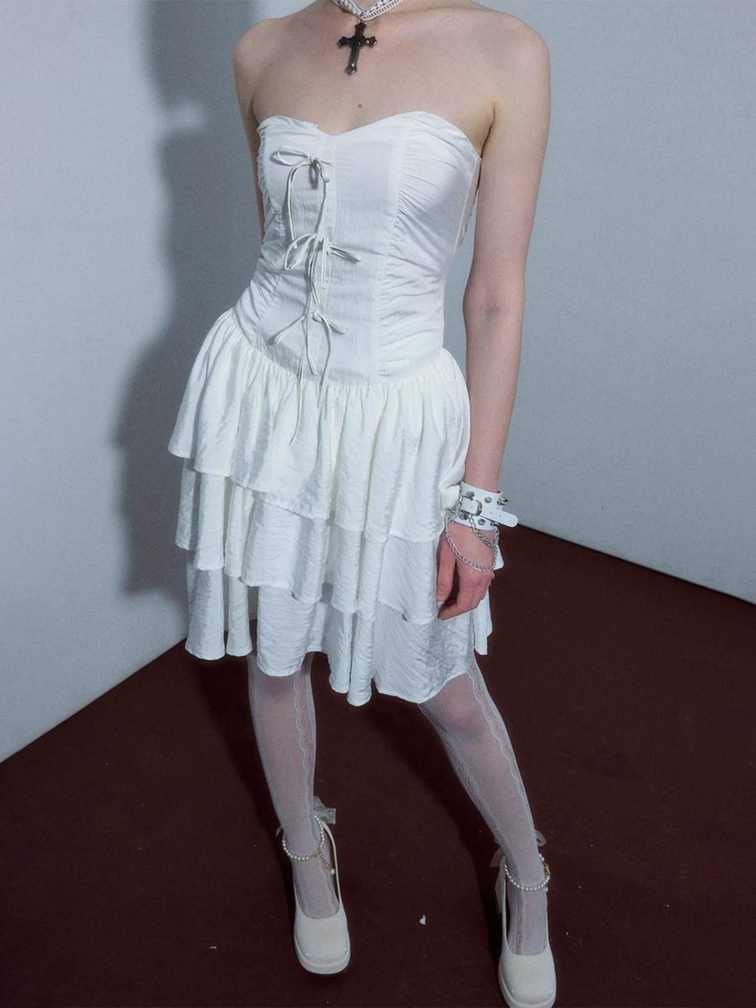 YUKAHOUSE Black White Drawstring Straight Neck High Waist Women's Cotton Tube Mini Dresses