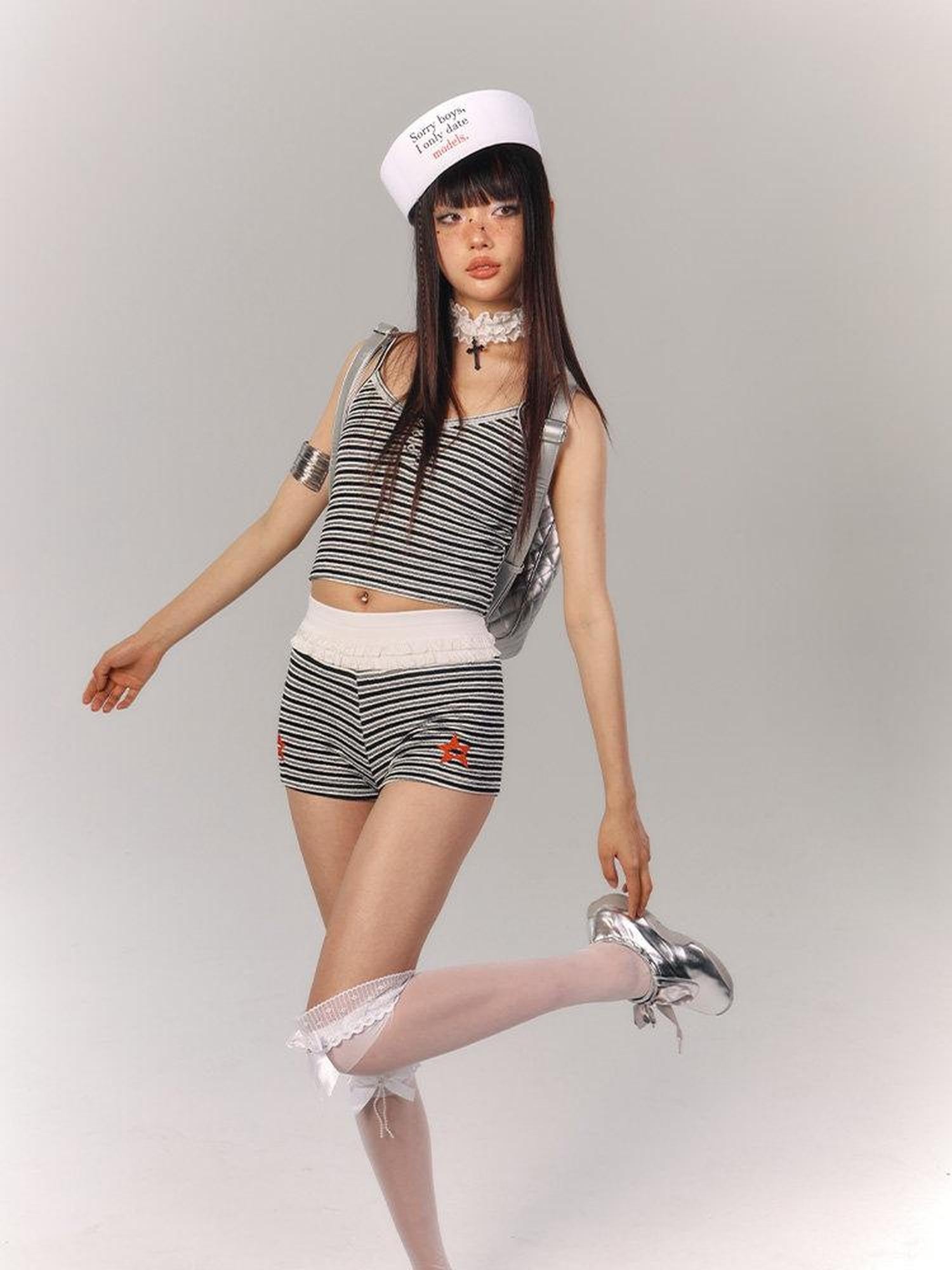 YUKAHOUSE Black White Striped Flirty Slim Fit Women's Cami Shorts Casual Top & Pants Sets