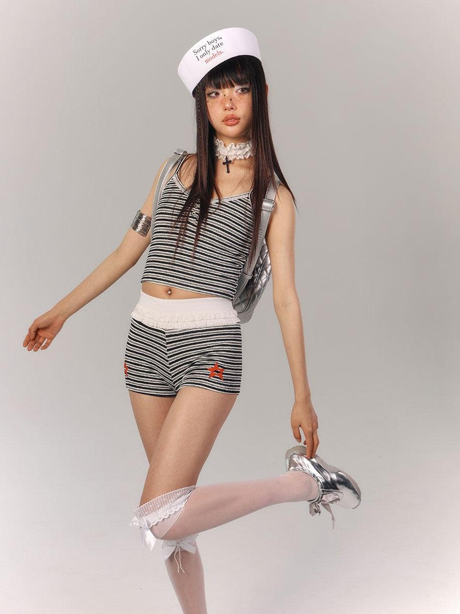 YUKAHOUSE Black White Striped Flirty Slim Fit Women's Cami Shorts Casual Top & Pants Sets
