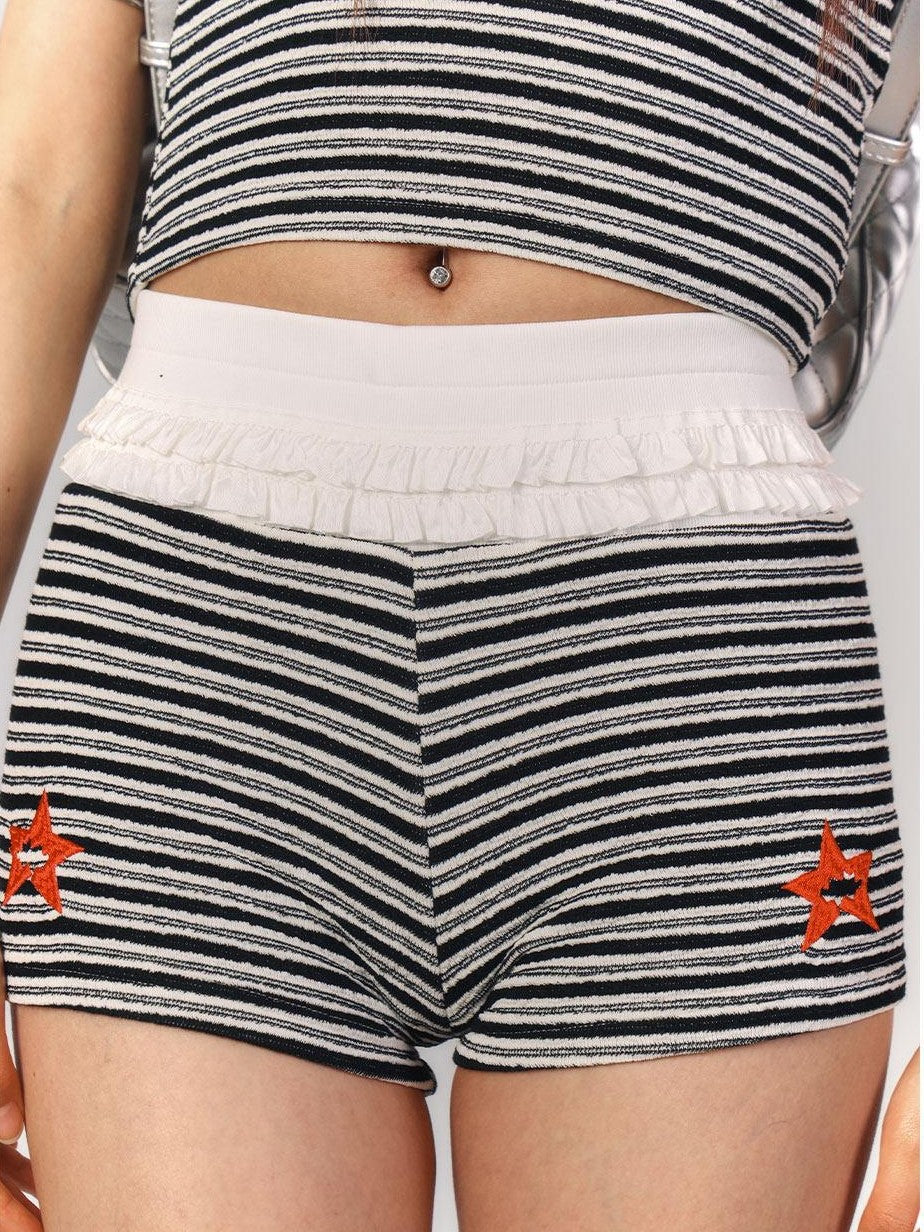 YUKAHOUSE Black White Striped Flirty Slim Fit Women's Cami Shorts Casual Top & Pants Sets