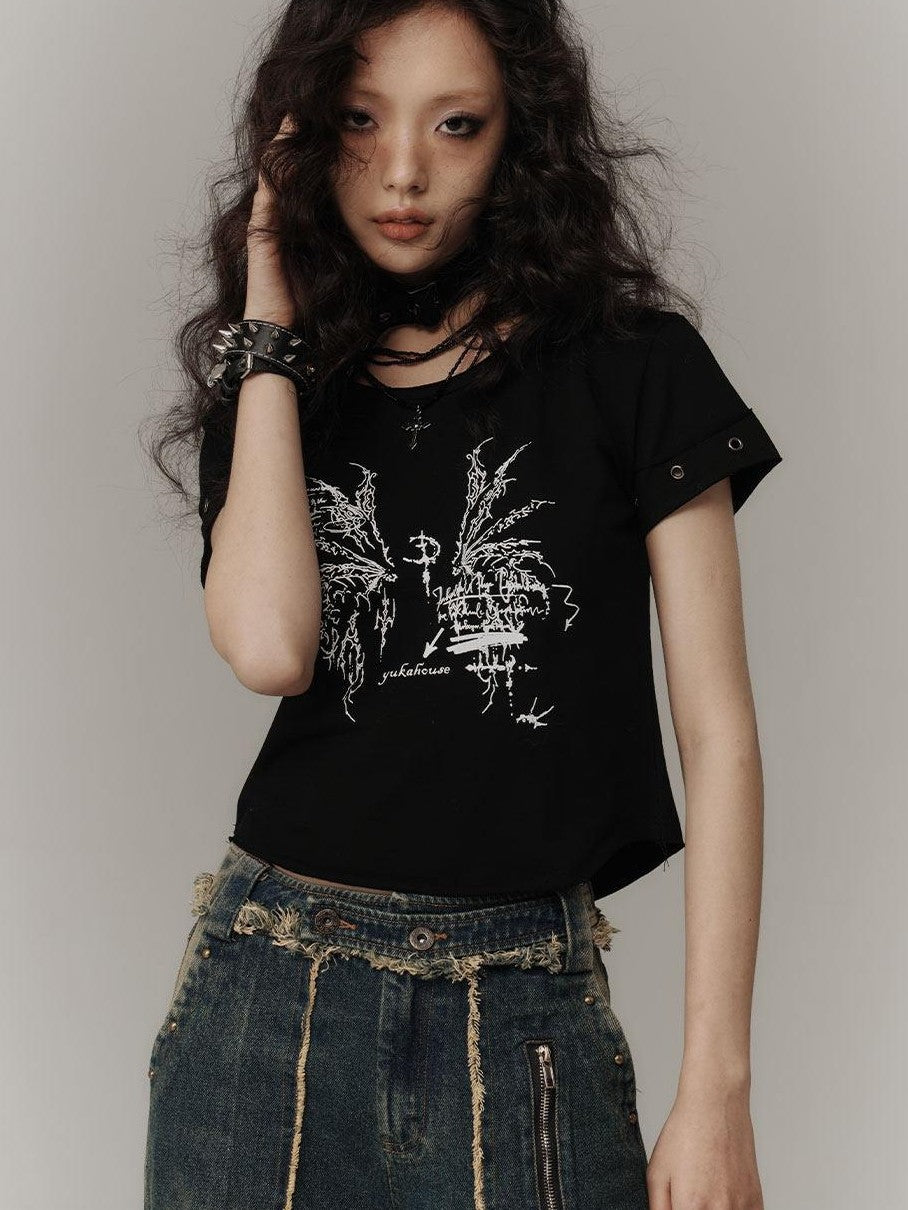 YUKAHOUSE Black Wing Print Short Sleeve Fitted Women's Cotton Crop Tops