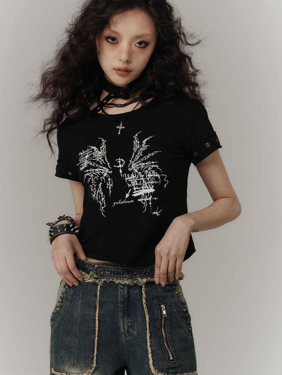 YUKAHOUSE Black Wing Print Short Sleeve Fitted Women's Cotton Crop Tops