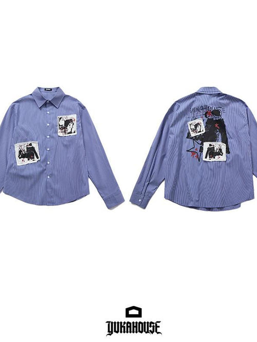 YUKAHOUSE Blue Striped Applique Embroidered Printed Street Women's Cotton Shirts