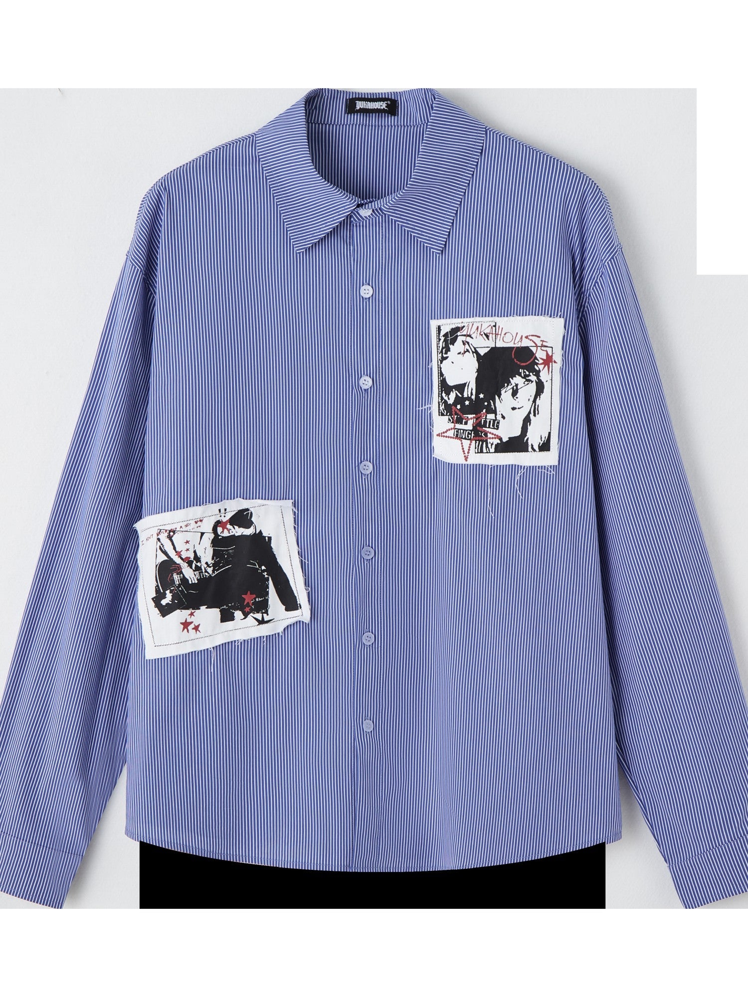 YUKAHOUSE Blue Striped Applique Embroidered Printed Street Women's Cotton Shirts