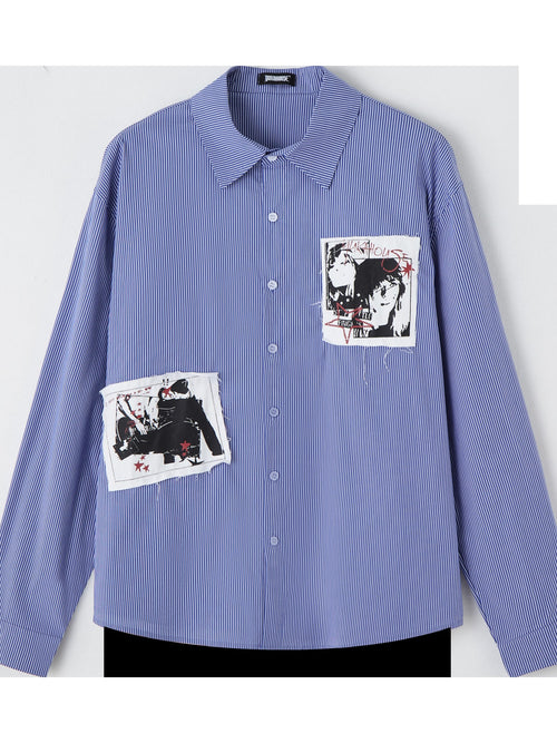 YUKAHOUSE Blue Striped Applique Embroidered Printed Street Women's Cotton Shirts