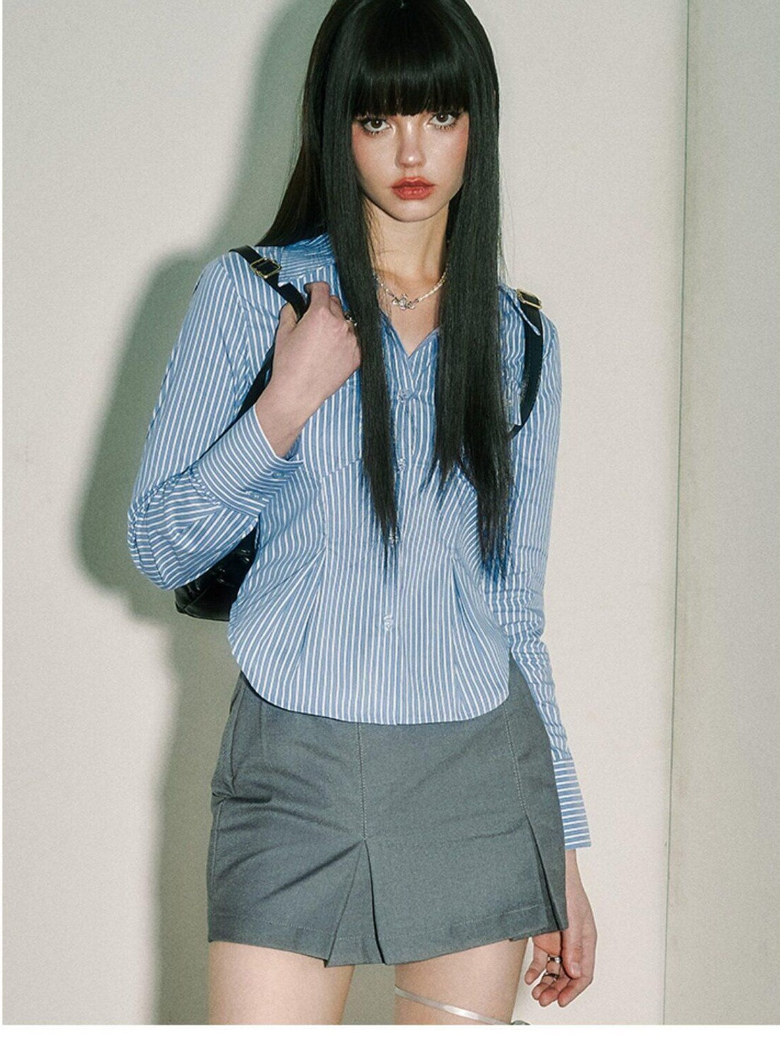 YUKAHOUSE Blue White Striped Cinched Waist V-neck Preppy Women's Cotton Blend Blouses