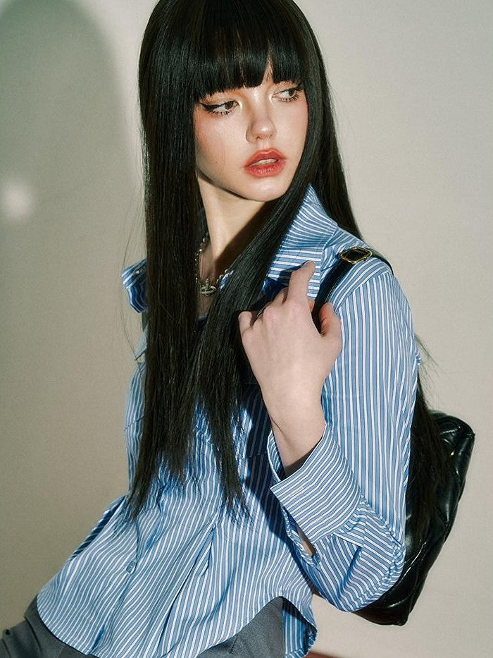 YUKAHOUSE Blue White Striped Cinched Waist V-neck Preppy Women's Cotton Blend Blouses