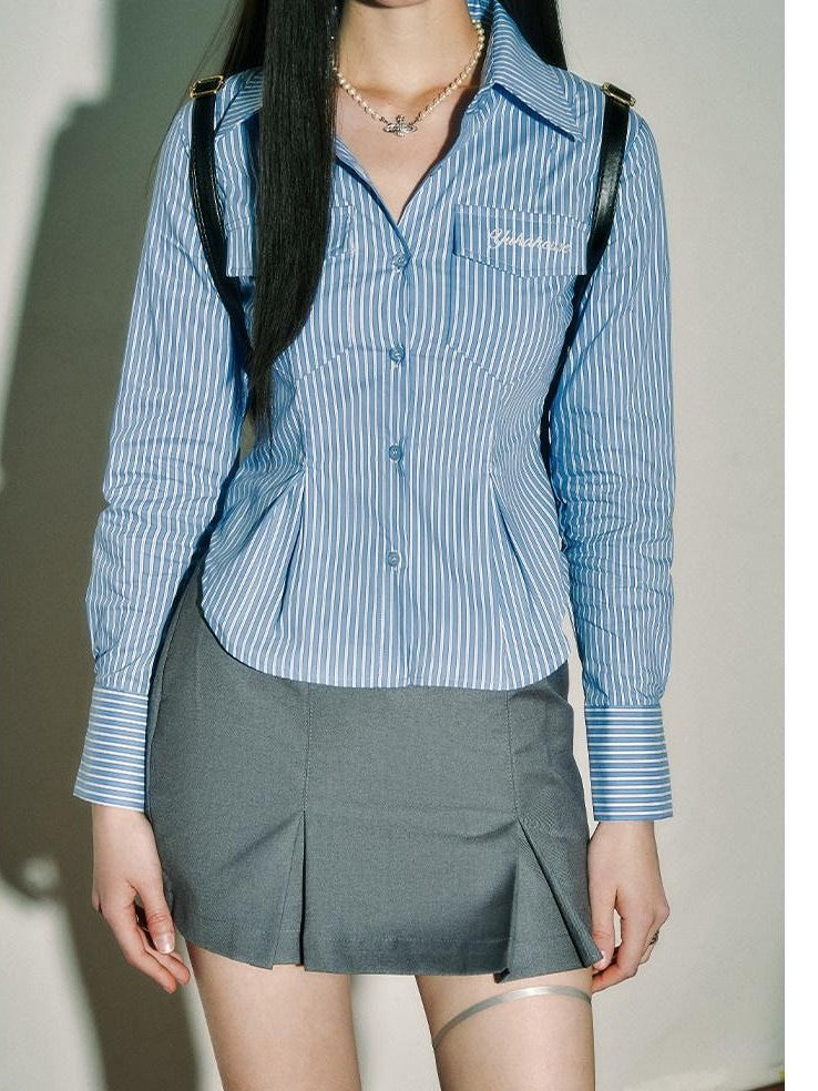 YUKAHOUSE Blue White Striped Cinched Waist V-neck Preppy Women's Cotton Blend Blouses