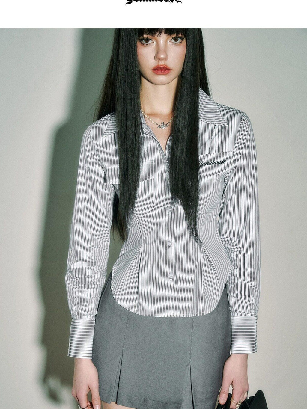 YUKAHOUSE Blue White Striped Cinched Waist V-neck Preppy Women's Cotton Blend Blouses