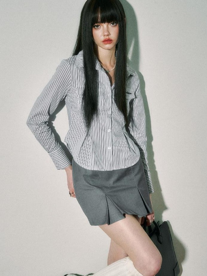 YUKAHOUSE Blue White Striped Cinched Waist V-neck Preppy Women's Cotton Blend Blouses