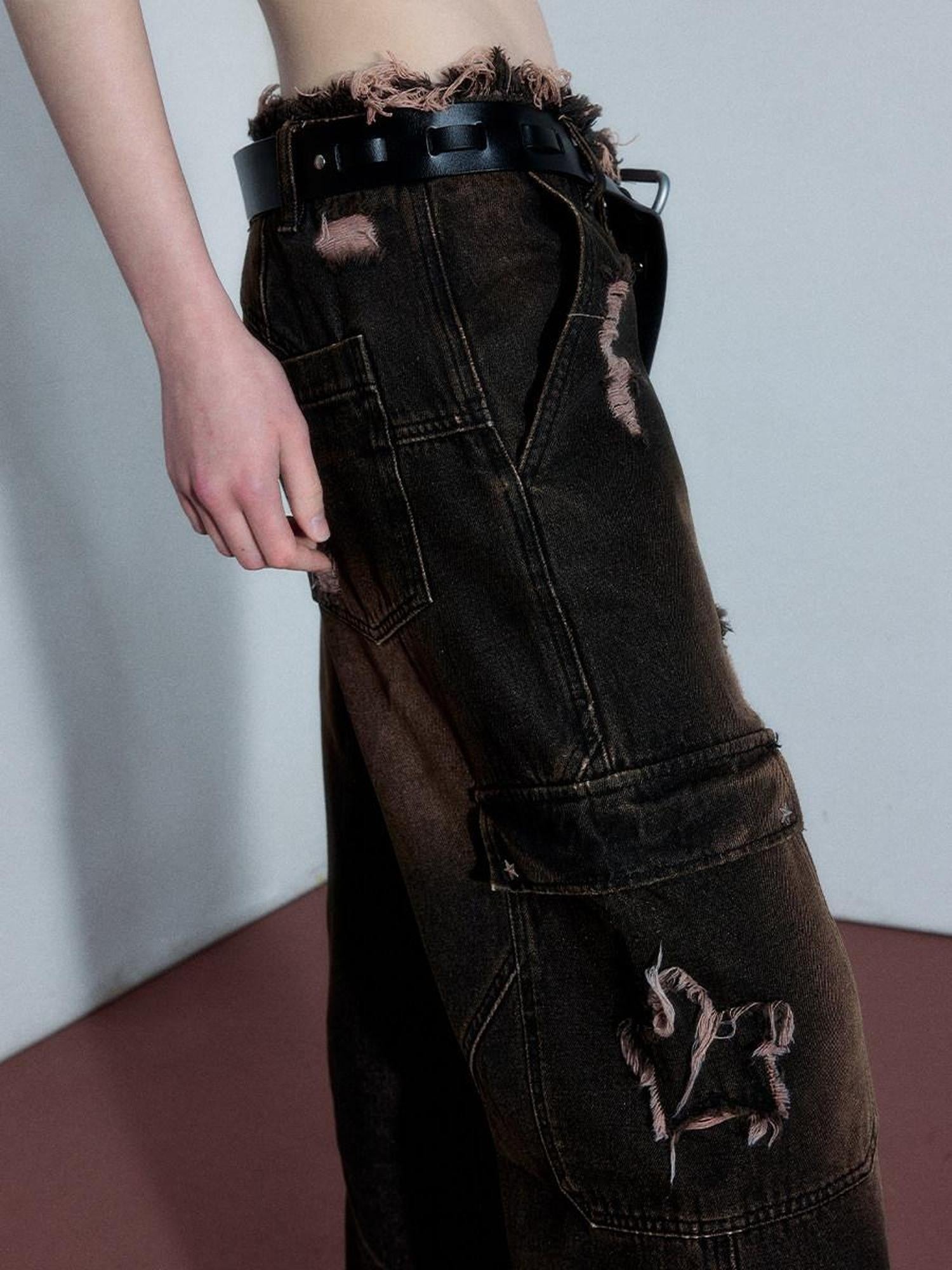 YUKAHOUSE Brown Paint Splatter Ripped Low Waist Women's Washed Denim Straight-leg Jeans