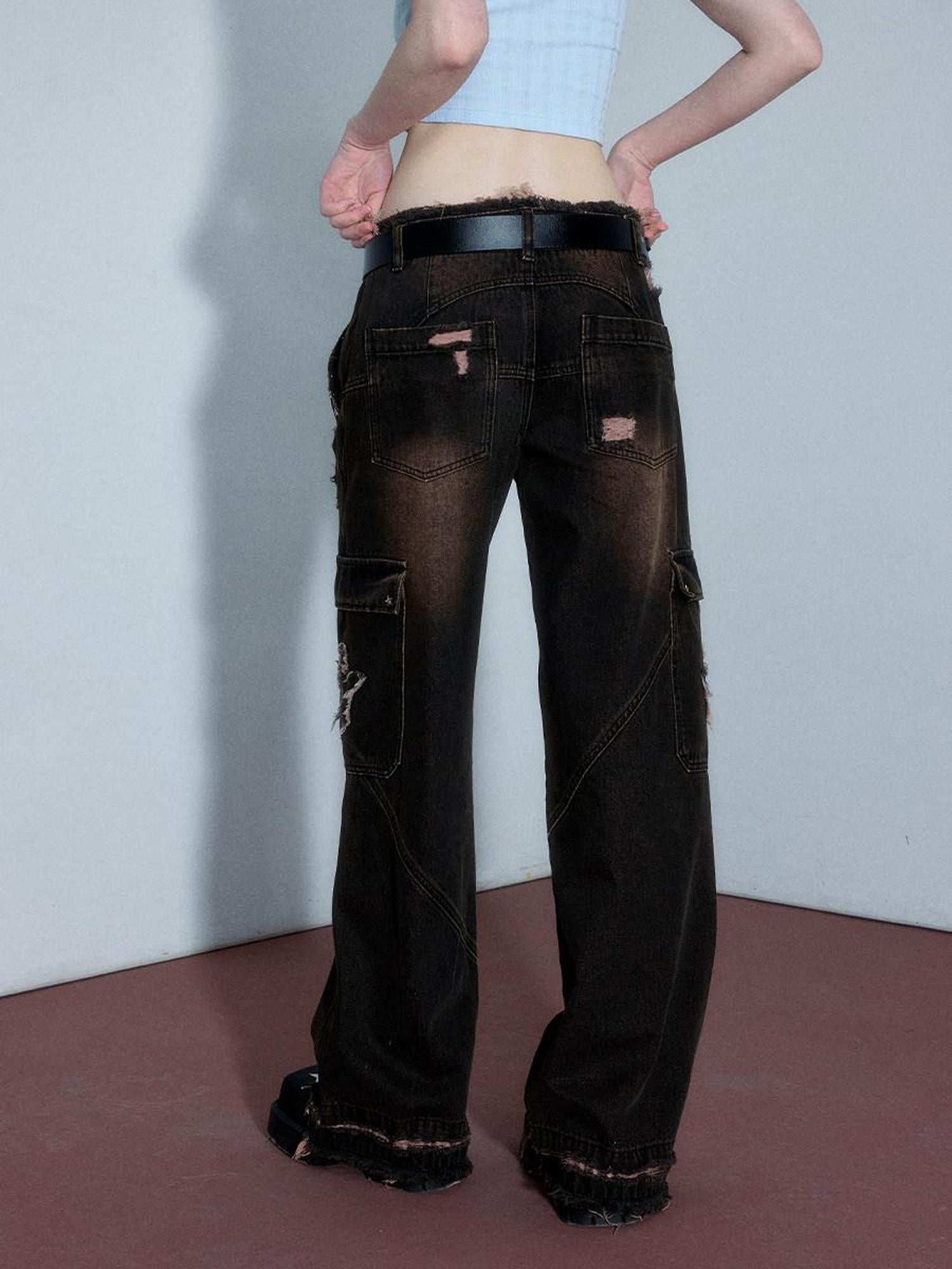 YUKAHOUSE Brown Paint Splatter Ripped Low Waist Women's Washed Denim Straight-leg Jeans
