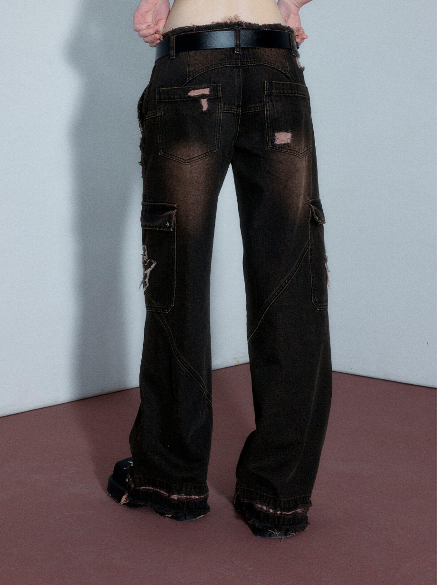 YUKAHOUSE Brown Paint Splatter Ripped Low Waist Women's Washed Denim Straight-leg Jeans