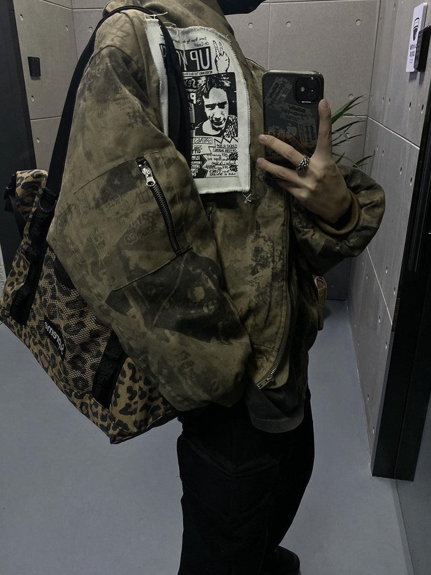 YUKAHOUSE Camo Applique Character Print Zip Crew Women's Cotton Padded Casual Jackets