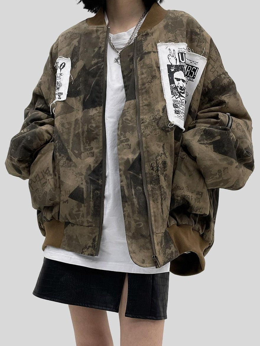 YUKAHOUSE Camo Applique Character Print Zip Crew Women's Cotton Padded Casual Jackets