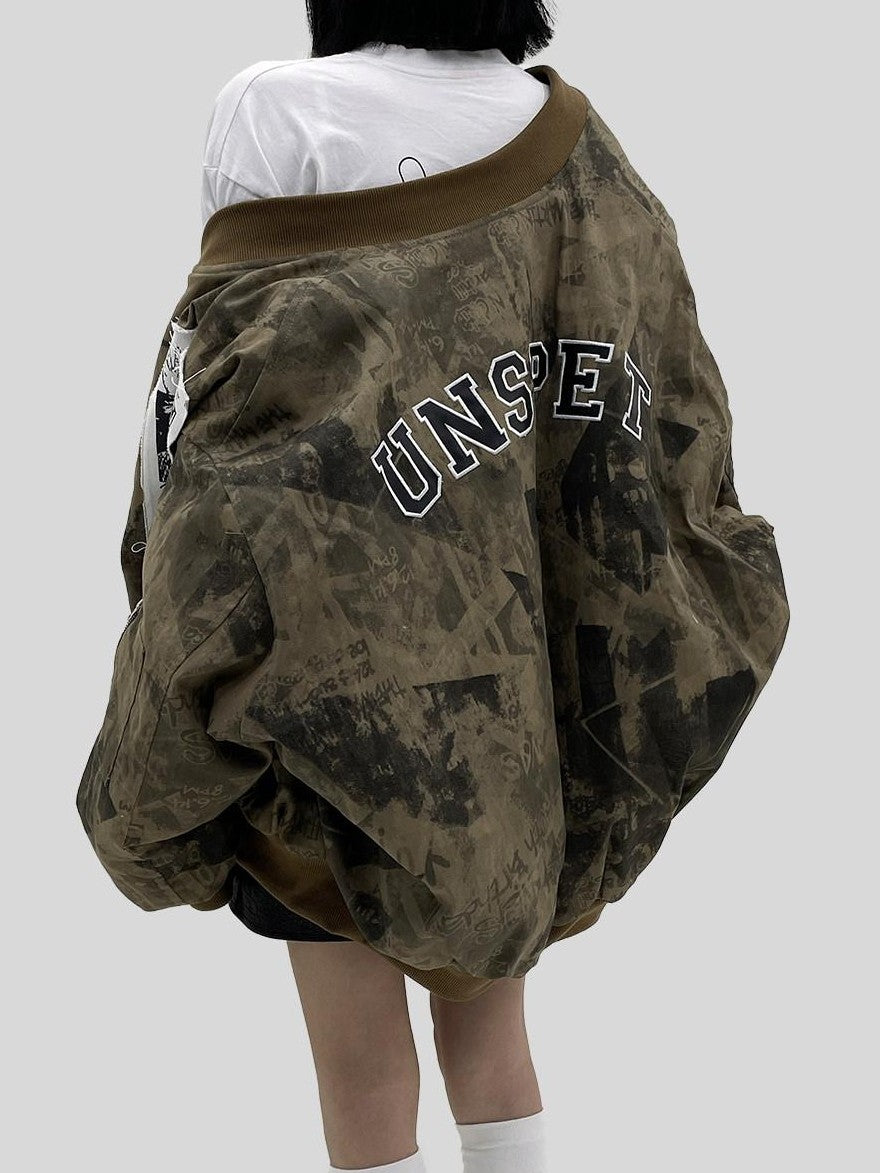 YUKAHOUSE Camo Applique Character Print Zip Crew Women's Cotton Padded Casual Jackets