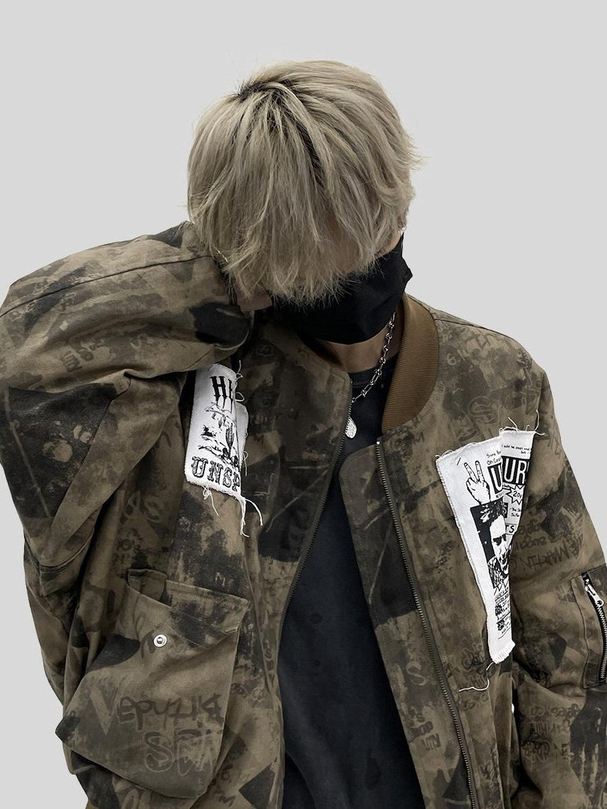 YUKAHOUSE Camo Applique Character Print Zip Crew Women's Cotton Padded Casual Jackets
