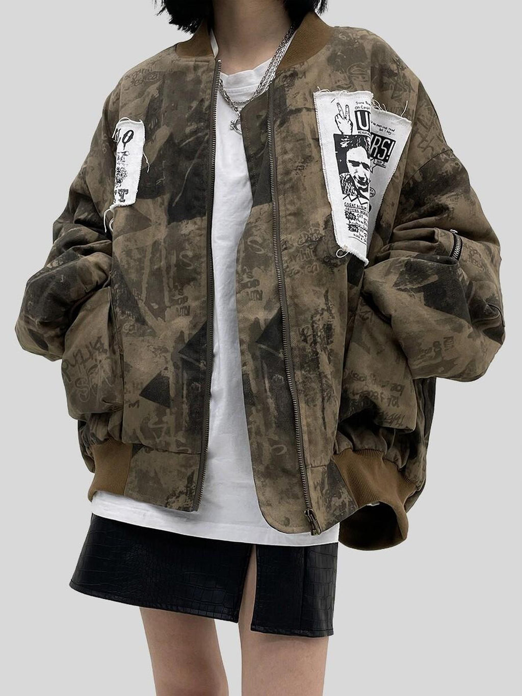YUKAHOUSE Camo Applique Character Print Zip Crew Women's Cotton Padded Casual Jackets