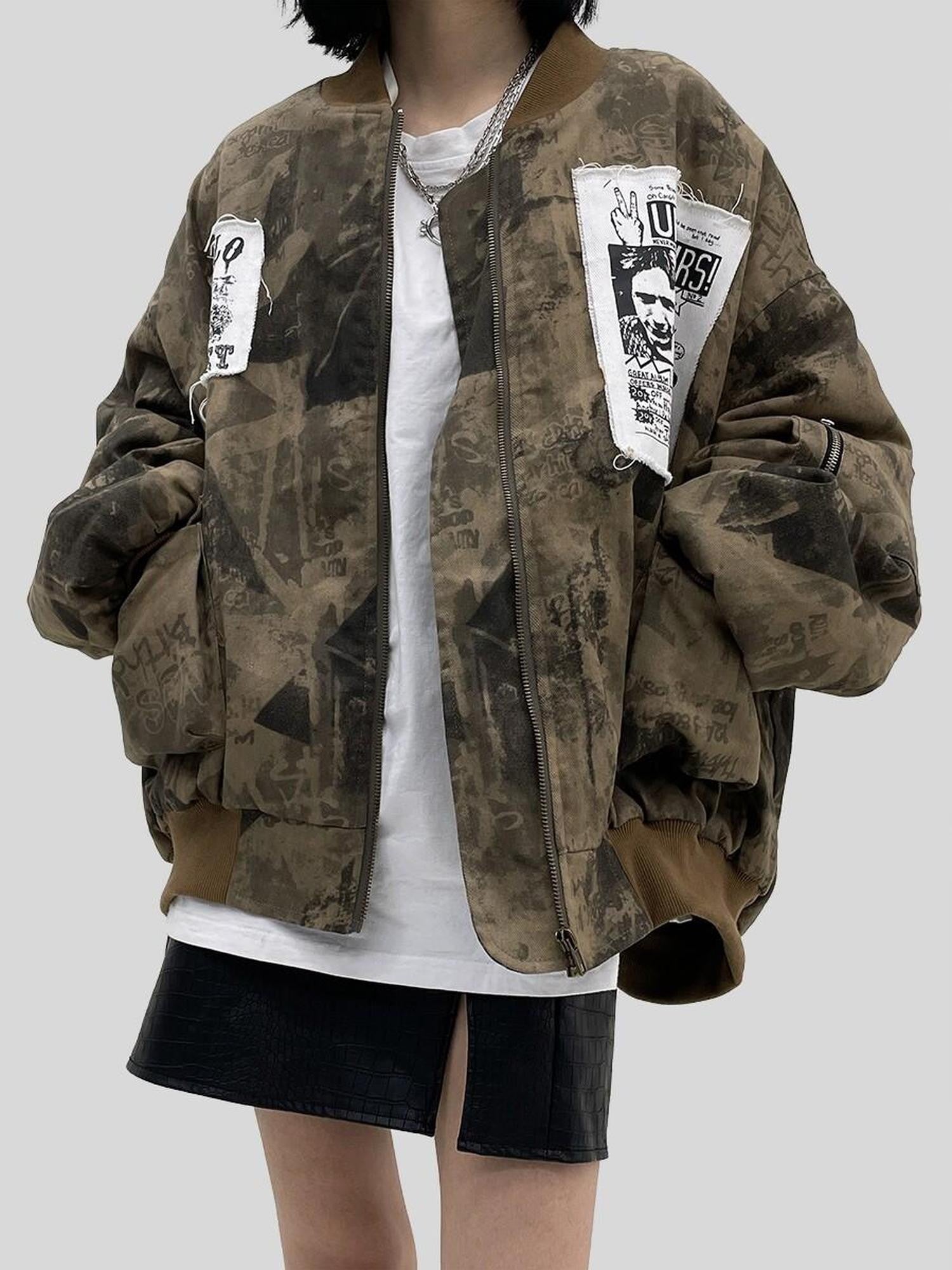 YUKAHOUSE Camo Applique Character Print Zip Crew Women's Cotton Padded Casual Jackets