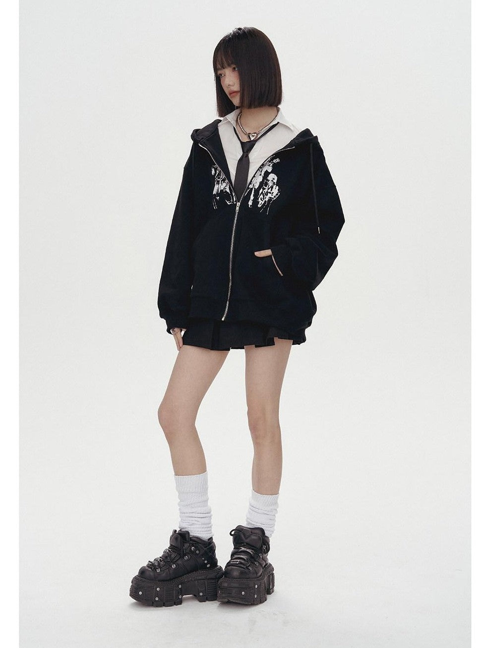 YUKAHOUSE Character Print Punk Women's Cotton Oversized Zip-up Hoodies