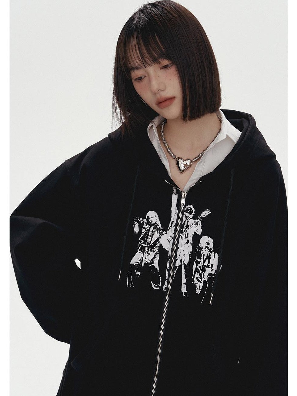 YUKAHOUSE Character Print Punk Women's Cotton Oversized Zip-up Hoodies