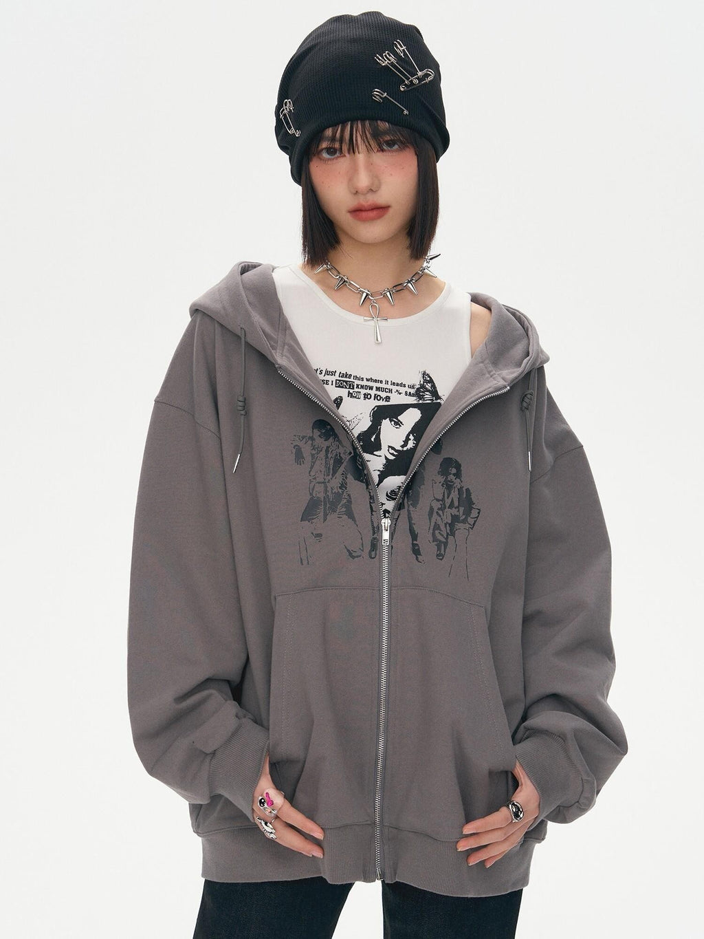 YUKAHOUSE Character Print Punk Women's Cotton Oversized Zip-up Hoodies
