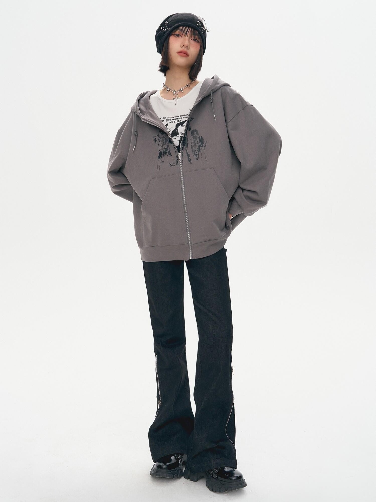 YUKAHOUSE Character Print Punk Women's Cotton Oversized Zip-up Hoodies