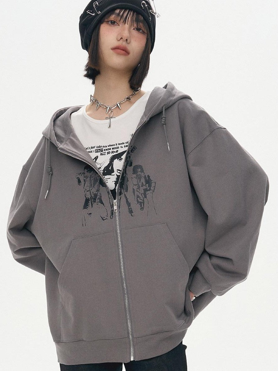 YUKAHOUSE Character Print Punk Women's Cotton Oversized Zip-up Hoodies