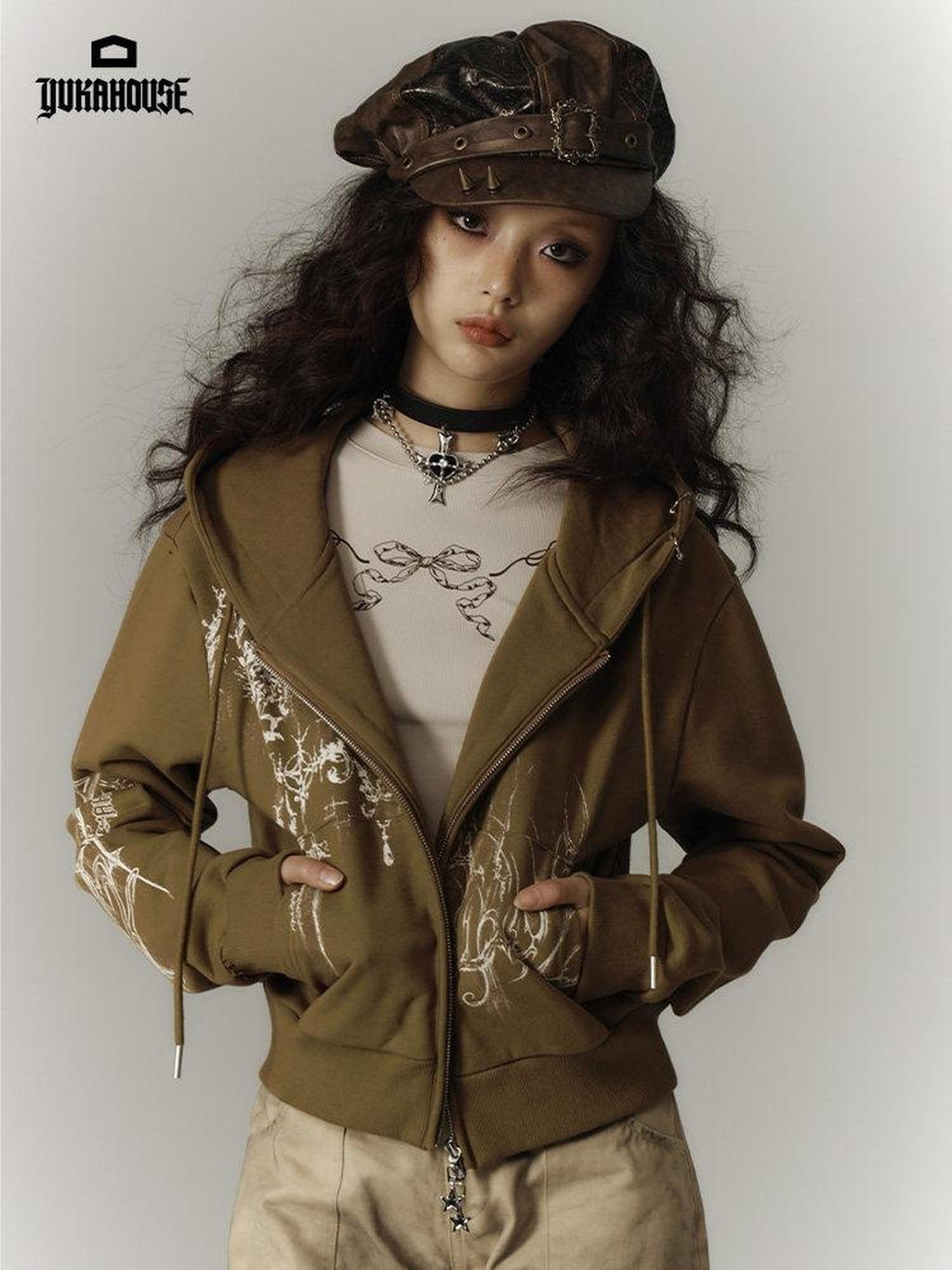 YUKAHOUSE Cropped American Vintage Printed Hooded Women's Cotton Zip-up Hoodies